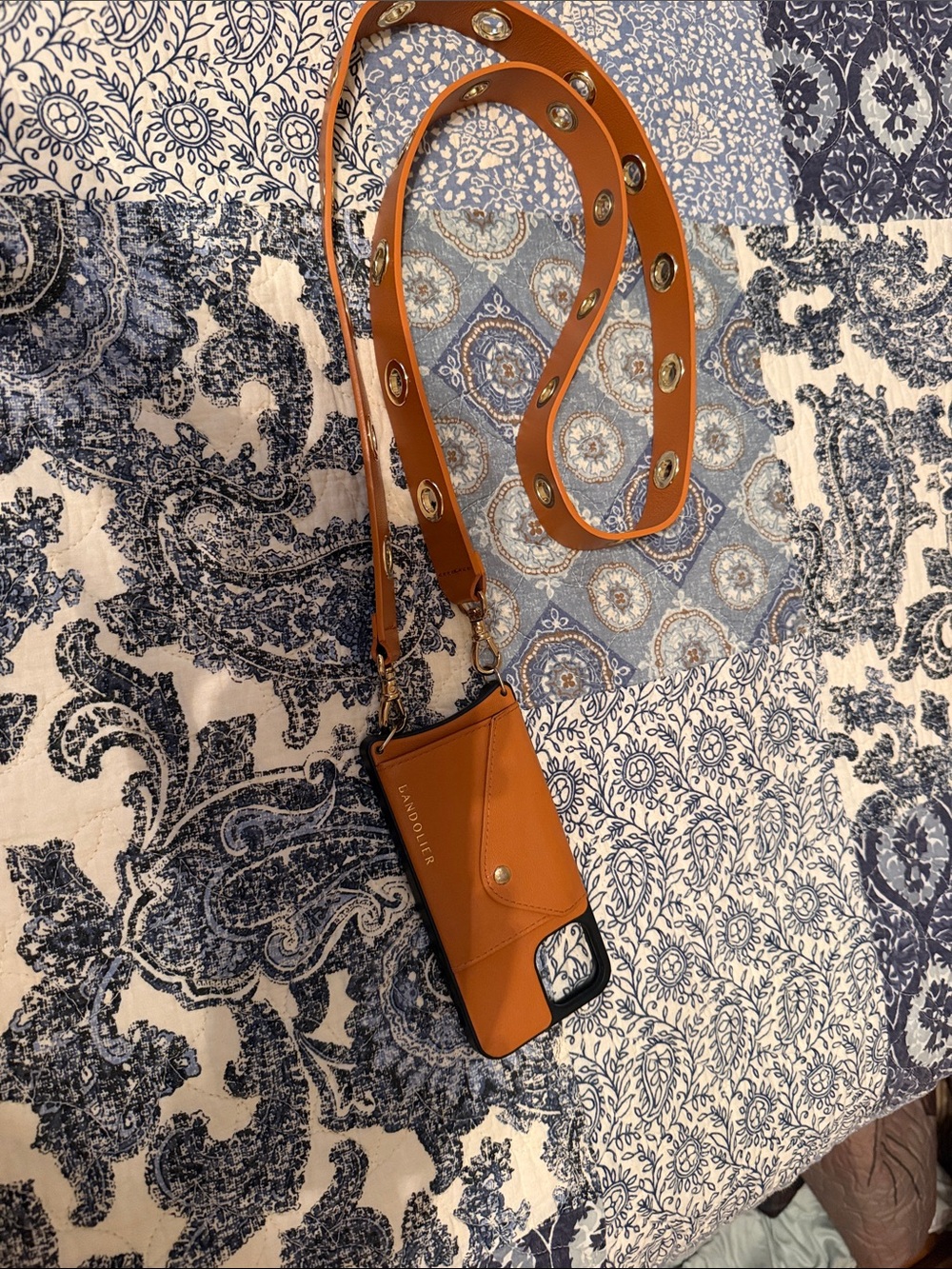 Bandolier Crossbody Leather Phone Case with Studded Strap - Cognac Brown